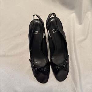 Stuart Weitzman Black Patent Leather Buckle Peep Toe Slingback Heels